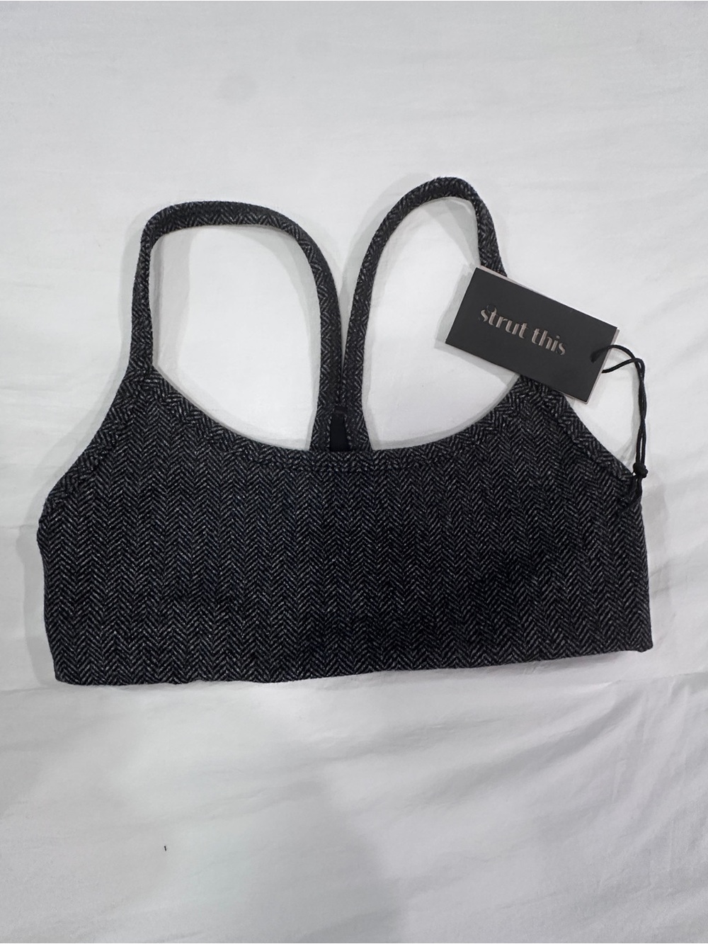 Strut This Women's Herringbone Racerback Bralette in Charcoal/Black